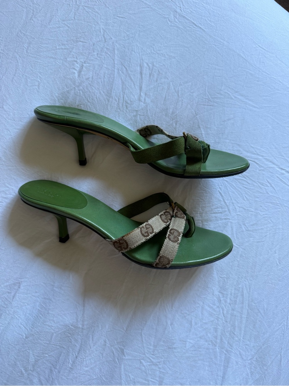 Gucci Tom Ford era Green/Brown GG Canvas with Suede mules/sandals on kitten heel - Picture 4 of 16